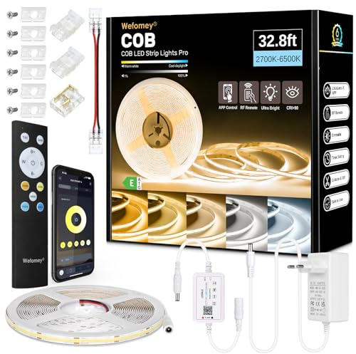 Ruban LED COB 10M, App Control, Bande LED Blanc Chaud Froid 2700K-6500K avec Telecommande et Alimentation, Bande LED 24V Dimmable, 620LEDs/M, CRI>92, , Largeur 8mm, pour Chambre, Décore de la Maison