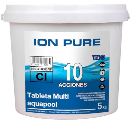Compacto 10 ACCIONES ION PURE (200 GR) - Pastillas de Cloro multifunción - Disolución Lenta - Apto Piscinas Liner (5 KG)