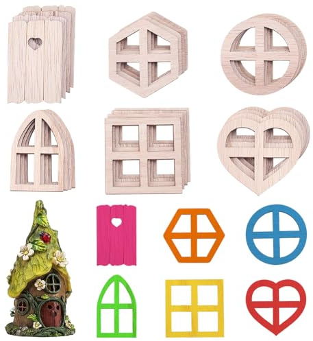 WADORN 60 pièces Kit d'artisanat de Portes de Maison de poupées, 6 Styles Non Finis Portes de Jardin en Bois Bricolage Mini fenêtre Accessoires de Maison de fées pour Le Mur de l'arbre de Jardin