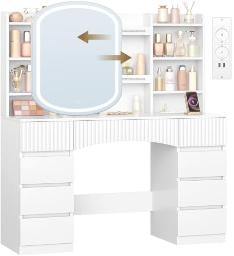 Hzuaneri Sminkbord, Sminkbord med Stor HD-spegel, LED-belysning, Grenuttag, 9 Lådor Och 11 Förvaringsutrymmen, För Sovrumsbruk, Vit, 1180103XEU