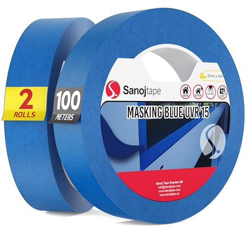 Sanojtape Malerkrepp Blau 25mm × 50m (2er-Pack) – Malerband & Abdeckband für Malerarbeiten – UV-beständig, saubere Entfernung bis 14 Tage – Innen/Außen, Fenster & Leisten
