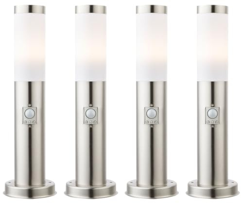 Stehlampe Gartenleuchte Edelstahl Wegeleuchte Außenleuchte mit Bewegungsmelder, silber, 1x E27, DxH 12,7x45 cm, 4er Set