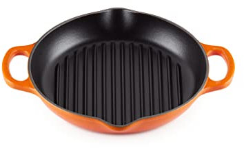 LE CREUSET Signature Hohe runde Grillpfanne aus Gusseisen, für alle Herdarten und Backöfen, 25 cm, Ofenrot, 20208250900422