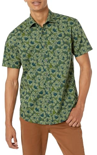 Amazon Essentials Camisa Estampada de Manga Corta y Ajuste Normal Hombre, Verde Oliva Flores, S