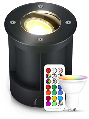 lambado® LED Bodenstrahler für Außen mit RGB Farbwechsel dimmbar inkl. Fernbedienung - Schwarz runde Bodenleuchte/Bodeneinbaustrahler IP67 - Befahrbar & Wasserdicht