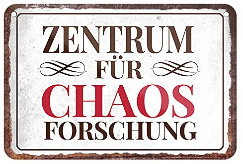 Zentrum für Chaos Forschung - lustiges Türschild mit witzigen Spruch - Metallschild mit Kordel und Saugnapf - Deko Arbeit Büro Betrieb Firma Kinderzimmer Jugendzimmer Eingang Flur - 18x12cm