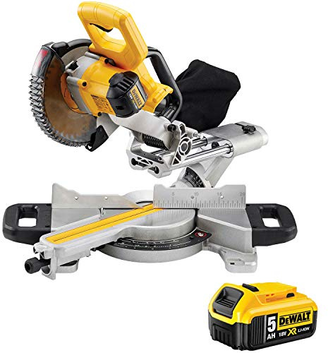 DeWalt DCS365N 18V 184mm Cordless Slide Mitre Saw - Powerful and Accurate Woodworking Tool, 1 x 5.0Ah DCB184 Battery