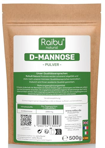 D-Mannose Pulver - 500g (8,3 Monate Vorrat) - D Mannose Pulver in Deutschland abgefüllt - Natürlich, Vegan & Laborgeprüft - Extra Dosierlöffel - RAIBU