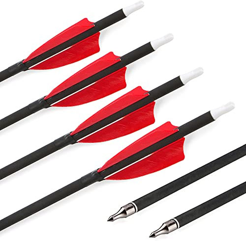 SHARROW 12 Stück Bogenschießen Carbonpfeile 30 Zoll Carbon Pfeile mit Naturfedern Kohlenstoff Pfeil Jagdpfeile 500 Spine Bogenpfeile für Compound Recurve Bogen (Rot)