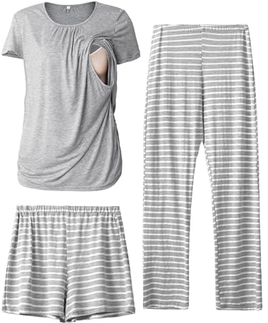 SUNNYBUY Mammakläder för kvinnor, amningspyjamas-set, kortärmade underkläder, graviditetsshorts och byxor, 3-delat amningskyjamas-set, Grå och ränder, XL
