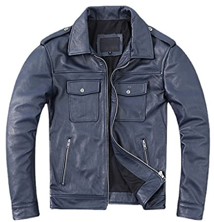 Echtlederkleidung Herren Rindsleder Frühling und Herbst Mantel Solide Lederjacke Jugend Multi Taschen Jacke Blau Rindsleder Größe 5XL 91-96kg