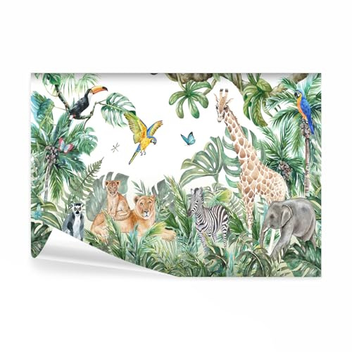 decomonkey Papier Peint Panoramique Adhésif Jungle et Animaux 343x256 cm | Stickers Muraux Salon Chambre Déco XXL Autocollant Murale Maison Décoration Bureau, Beige vert marron