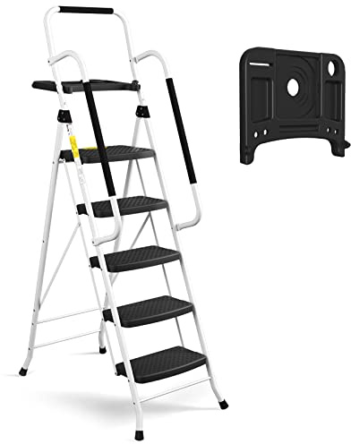 HBTower 5 Step Ladder with Handrails, Folding Step Stool Portable Steel Ladder for Adults for Home Kitchen Library Office, White