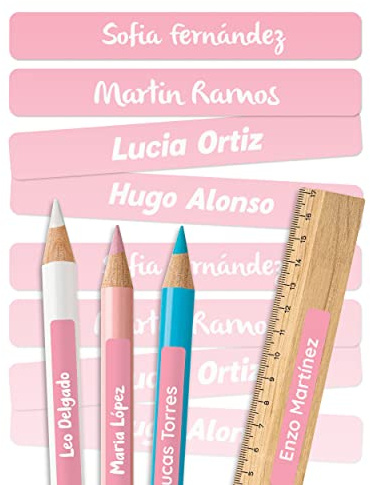 melu kids® Namensaufkleber Kinder für Schule & Kita (75 Stk, Rosa) | Personalisiert & Spülmaschinenfest, Aufkleber mit Namen für Stifte und Schulsachen, Klebeetiketten