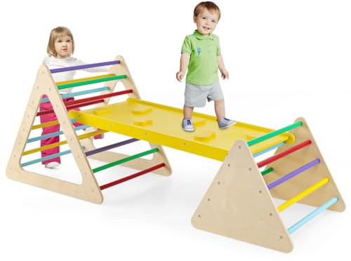 DREAMADE Triangle d'escalade avec Rmape pour Bebe 1+ Ans, Montessori en Bois en pour Enfant, Charge Max. 60KG, Exercice d'Équilibre, Aire de Jeu pour Maison, Maternelle (Multicolore)