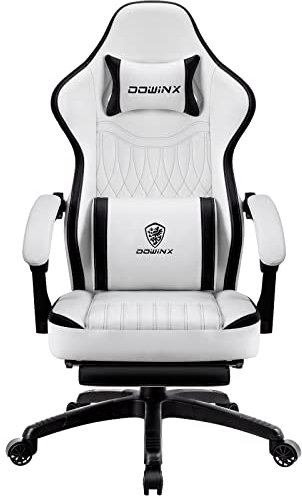 Dowinx Gaming Stuhl mit Frühling Kissen,Racing Gamer Stuhl mit Massage Lendenwirbelstütze, Ergonomischer Gaming Sessel mit Fußstütze Bürostuhl PU Leder Schwarz Weiß