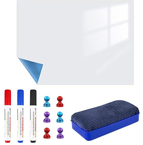 Relota Lavagna Magnetica Frigo 50 X 100 cm, Adesiva Lavagna Bianca Cancellabile a Secco con 4 Pennarelli, 1 Gomma, 6 Magneti, Frigorifero Lavagna Flessibile, Whiteboard per Domestiche, Aule e Uffici