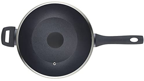 Salter Megastone Thermo Collar BW11633SA - Wok antiadherente de 28 cm con tapa de vidrio templado, con mango indicador de calor, apto para utensilios de metal, sin PFOA, apto para todo tipo de fuegos,