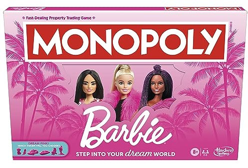 MONOPOLY: Barbie Edition Board Game, Ages 8+, 2-6 Players, Fun Family Games for Kids and Adults, with 6 Barbie-Themed Pink Zinc Tokens, Kids Gifts