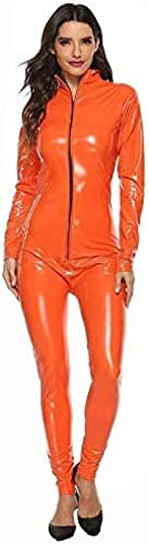 Women Patent Leather Bodysuit Sexy Clubwear Bodysuit Adult Cosplay Costumes Motorcycle Dancewear,Orange,4X-Large