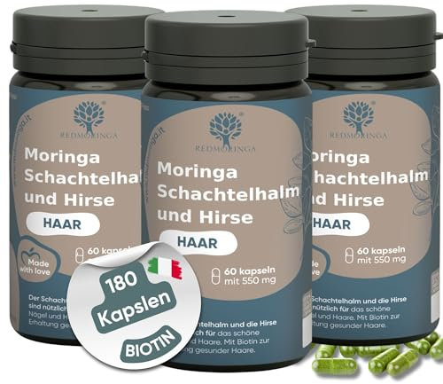Integratore Biotina Capelli con Moringa, Equiseto, Miglio, Zinco, Cistina, Metionina | Hair Vitamins MIX UNICO | Integratore Anticaduta Capelli Donna e Uomo | 180 Capsule Made in Italy | RedMoringa