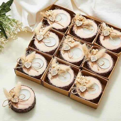 Otuuz Lot de 12 Bougies de Mariage pour invités – Photophore commémoratif en Bois pour fête prénuptiale – Souvenirs rustiques, Cadeaux d'invités de Mariage, décorations de fête