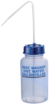 Kautex Serie 303 LDPE Weithals-Spritzflaschen mit Dest.Wasser 3-sprachiger Aufdruck, 500mL Kapazität, Natur