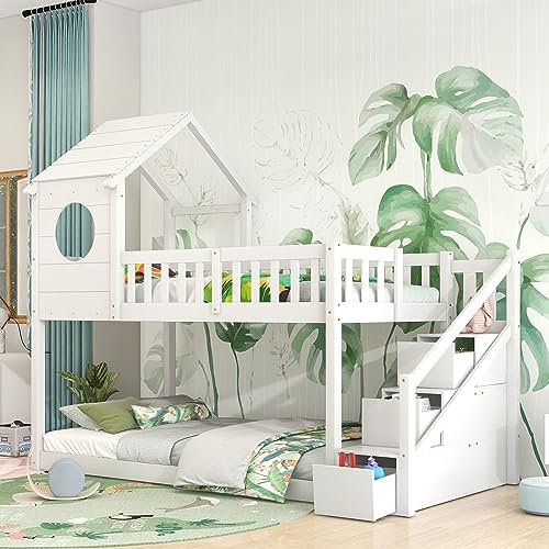 kubeier Baumhaus Kinderbett, Ins und aus dem Bett kommen, Doppelbett, Kinderbett in Hausform, Leiterschrank, Kiefernholz Haus Bett for Kids, 90 x 200 cm, ohne Matratze, weiß