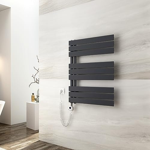 EMKE Badheizkörper Elektrisch 762x600mm, mit Thermostat 400 Watt, Flach Handtuchheizkörper Elektrisch Panel Handtuchhalter Handtuchtrokner inkl Heizstab mit timer Anthrazit