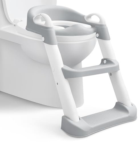 Adjustable Toilet Training Seat for Kids 1-7 Years - Upgrade Anti-Slip Children's Potty Seat with Step Stool & Foldable Design | Fits UK Round Toilets|(Grey)