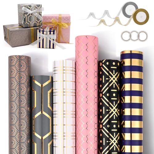 MOOKLIN ROAM Geschenkpapierpapierrolle 300 x 43cm, 6 Rollen Aktualisiert Geschenkpapier Set mit 2 Bänder und 3 Klebeband, Golddruck Kraftpapier Wrapping Paper für Geburtstag Hochzeit Taufe Party