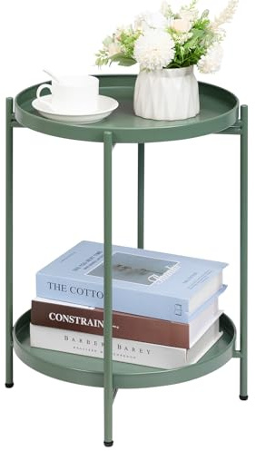 HollyHOME 2-Tier Round Side Table, Outdoor Small Folding Accent Stand with Removable Tray, Anti-Rust Metal Asional Table for Balcony Patio Living Room, Nightstand for Bedroom(Matcha Green)