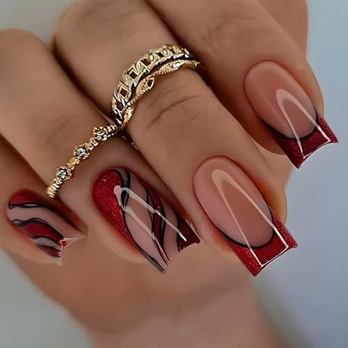 Ceboic Eckig Press on Nails Kurz, French Tips Kunstnägel Nägel Zum Aufkleben Rote Welle Gel Künstliche Fake Nägel, 24 Stück Quadratisch Acryl Full Cover Fingernägel zum Aufkleben für Frauen & Mädchen