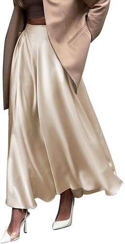 NCXFTP Jupe midi en Satin Taille Haute élastique pour Femme - Jupe Longue élégante et Tendance - Jupe midi trapèze, Champagne, Taille L