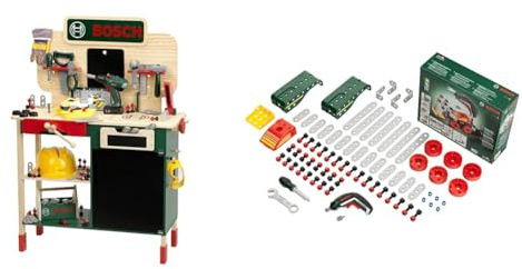 Theo Klein 8734 Bosch Holzwerkbank & Theo Klein 8497 Multi-Tech Konstruktionsset mit Bosch Ixolino I 107 BAU-Teile I Batteriebetriebener Ixolino mit Licht und Sound Spielzeug für Kinder ab 3 Jahren