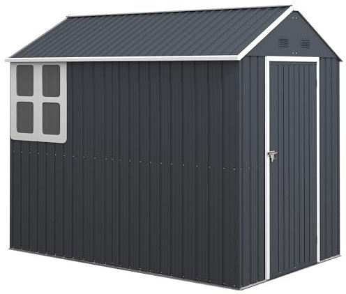 Outsunny Geräteschuppen Stahl, 4㎡ Gerätehaus mit Fenster abschließbarer Gartenschrank, 259 x 172 x 222 cm Gartenhaus für Balkon, Terrasse, Dunkelgrau