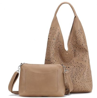 ITALYSHOP24 DAMEN TASCHE XXL SET 2in1 Shopper Hobo Bag Schultertasche Cross Over Body Bag Umhängetasche Beuteltasche Handtasche Leder Optik Taupe