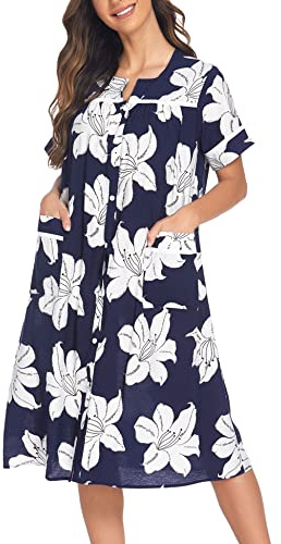 Ekouaer Camisones para mujer, vestido de casa con bolsillos, con botones, abrigo de casa, de manga corta, vestidos de noche, plumero, Moo Moos