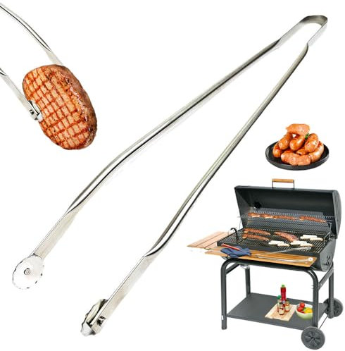 2024 Neue BBQ Sausage Turning Tongs, Grillzange aus Edelstahl mit Rädchen zum Drehen, Fröhliches Kochen, Leicht Umzudrehende Grillwürste, für Küchen und Grillabende im Freien (50cm)