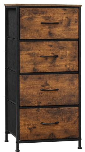 WOLTU Kommode schmal, Kommodenschrank mit 4 Schubladen aus Stoff, Sideboard Aufbewahrungskommode für Schlafzimmer Wohnzimmer Flur, industrieller Stil, Vintagebraun Schwarz, SSK011shm
