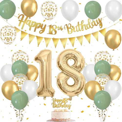 Decorazioni compleanno 18 Anni, Palloncini Verde Oro, Festoni, Striscione, Topper Torta, per Ragazzo Ragazza