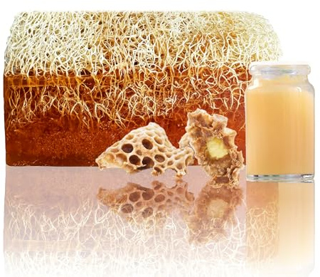 STORELUXY Savon au lait d'abeille 130 g avec fibre de citrouille naturelle luffa faite à la main | Anti-âge, efficace contre l'acné et l'eczéma, revitalisant la peau, riche en gelée royale