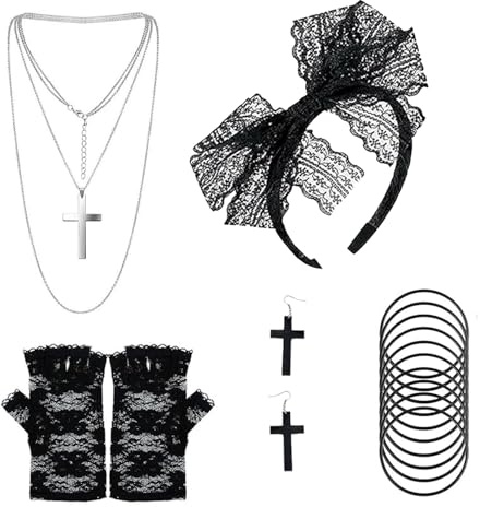 ASFWAGQ 5 pcs 80er Jahre Damen Kostüm Accessoires Fasching 80er Jahre Schwarz Outfit Karneval Zubehör mit Spitze Stirnband Ohrringe Handschuhe Halskette Armband für Karneval Party