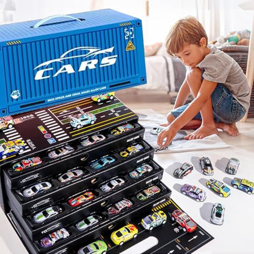 LUCKKY 48 Alloy Racing Car Toys - Pull Back Race Cars Toy Set, Spielzeugautos für Kinder, Mini Metall Reibungsangetriebene Spielzeugautos, Aufbewahrungsbox Auto Partygeschenke (Blau)