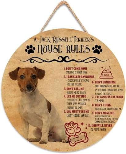 ACDOET A Jack Russell Terrier's House Rules Wood Sign for Front Door, Rustic Dog Round Hanging Sign Plaque, Farmhouse Porch Decorations for Home Outdoor Indoor 8x8