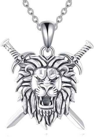 YFN Löwe Halskette 925 Sterling Silber Schild und Schwert Anhänger Tierschmuck Geschenk für Männer Frauen