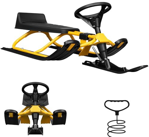 Laneetal Slittino da Neve con Volante di Sterzo, Slitta da Neve per Bambini con Freno e Ammortizzatore, Sedile in Plastica con Schienale e Telaio in Metallo, Fune da Traino, Nero+giallo