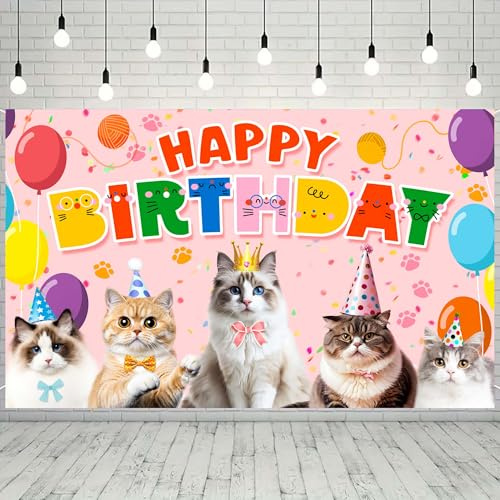 Toile de Fond Anniversaire Chat, 110 x 180cm Toile de Fond pour Fête Chat/Fond Photo Anniversaire Chat/Fond d'anniversaire Thème Chat pour Décoration Anniversaire Chat