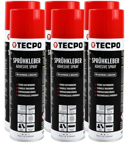 TECPO Sprühkleber 6x 500ml, Industriekleber, Stark haftend, Schnelle Trocknung, Hohe Temperaturbeständigkeit, Vielseitig für Textilien, Leder, Schaumstoffe, Dämmmaterialien, PVC, Papier