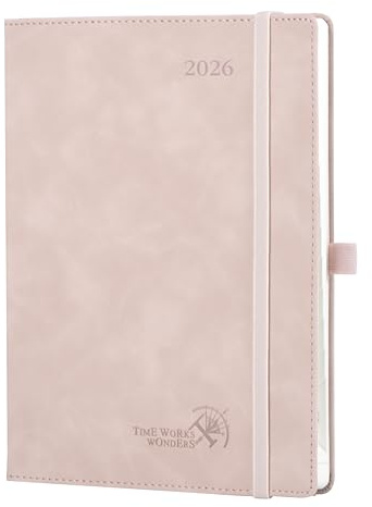 POPRUN Kalender 2026 Buchkalender Softcover mit PU-Leder, ca. A5 (22 x 16,5 cm) - Terminplaner, Wochenplaner Notizbuch (Jan.2026-Dez.2026) mit 100 GSM Papier - Zartrosa